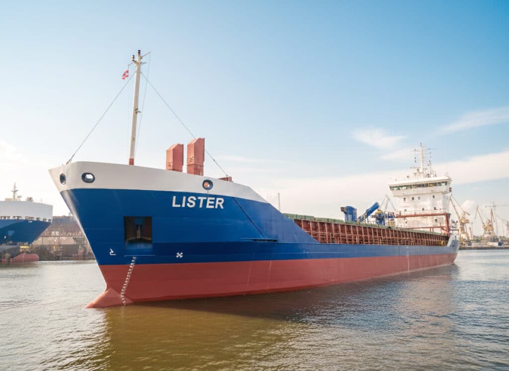M/V Lister freshly painted, alongside at the yard