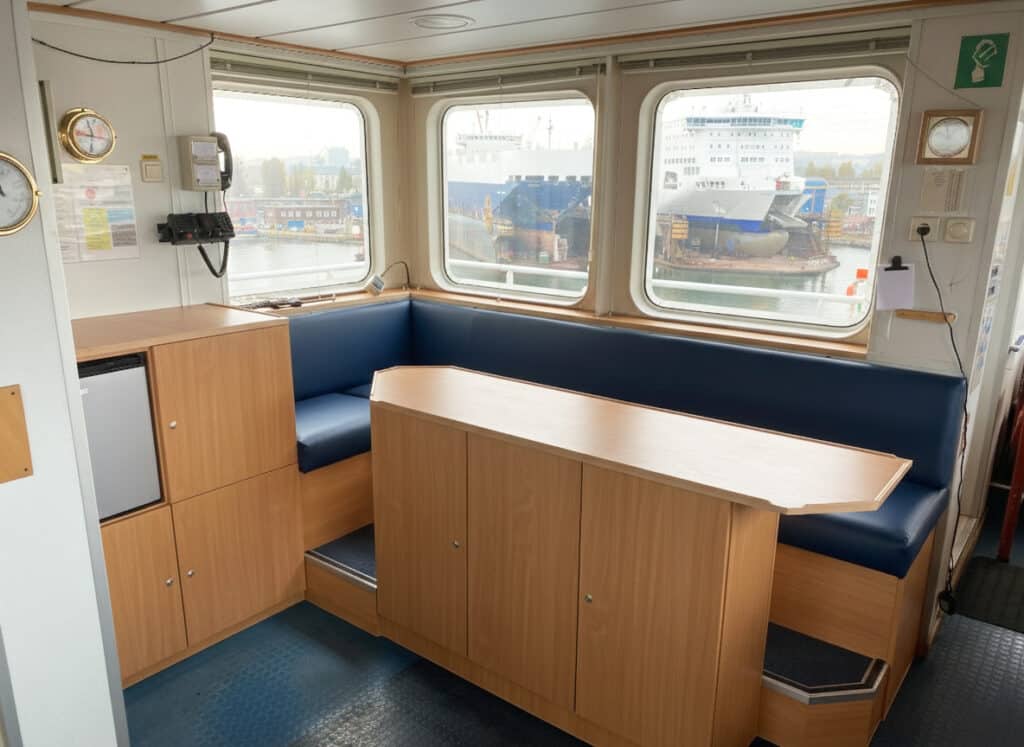 The mess room on board, with bench seating and a view over the harbour