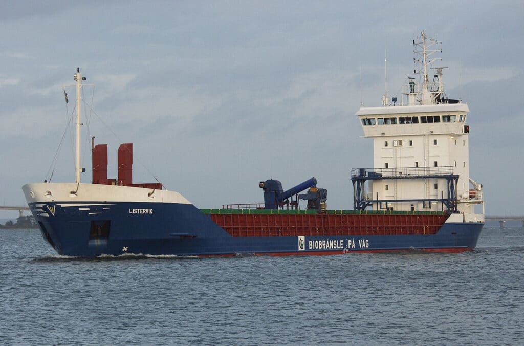 M/V Listervik with the biofuel slogan along her side