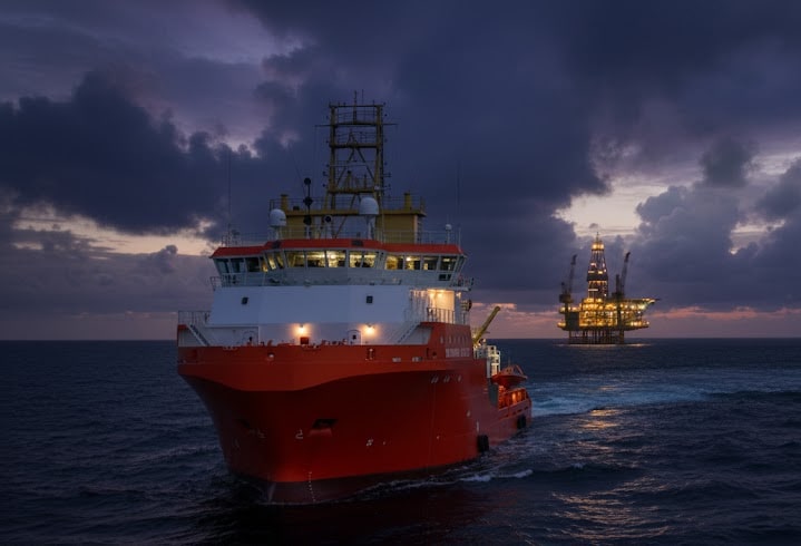 An offshore supply vessel at dusk with a platform behind