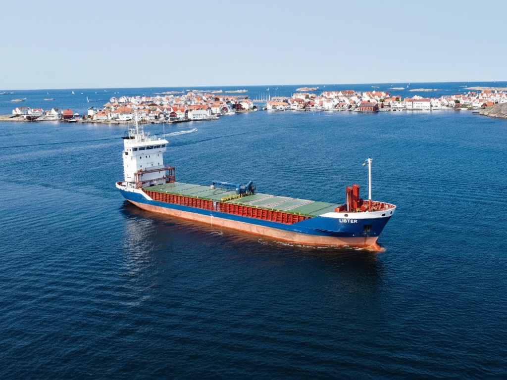 M/V Lister off Skärhamn with the village behind