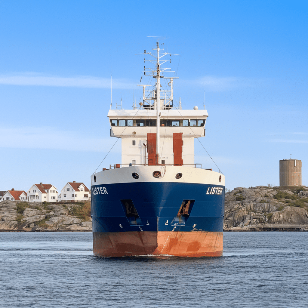 The bow and bridge of M/V Lister seen from the water